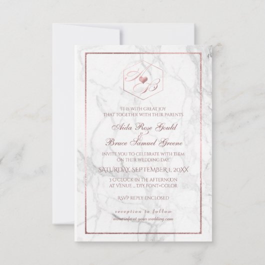 Marmor, Imitate Rose Gold Extravagante SkriptMonog Einladung (Rückseite)