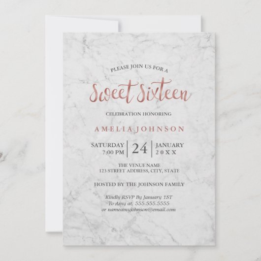 Marmor Imitats Rose Gold 16 . Geburtstag Einladung (Vorderseite)