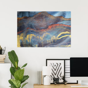 Marmor mit blauen und goldenen Wasserfarben Modern Poster