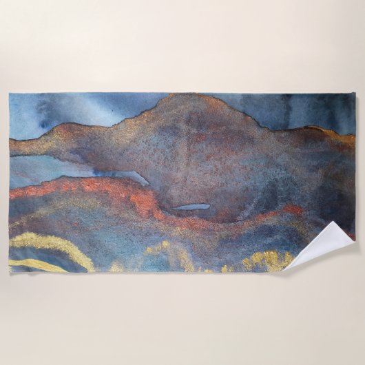 Marmor mit blauen und goldenen Wasserfarben Modern Strandtuch (Vorderseite)