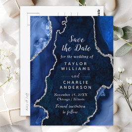 Marmor Navy Blue und Silver Agate Save the Date Postkarte