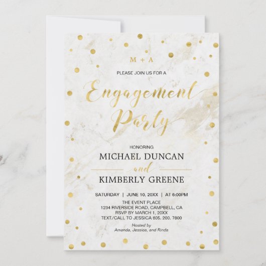 Marmor & Polka dot | Moderne Gold-Engagement-Parte Einladung (Vorderseite)