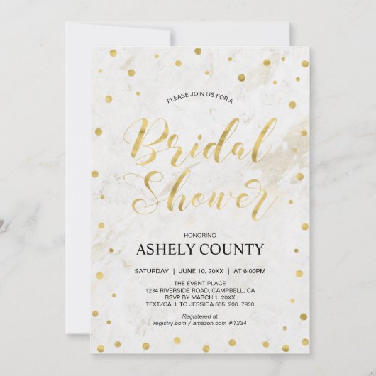 Marmor & Polka dot | Modernes Script-Brautparty Einladung (Vorderseite)