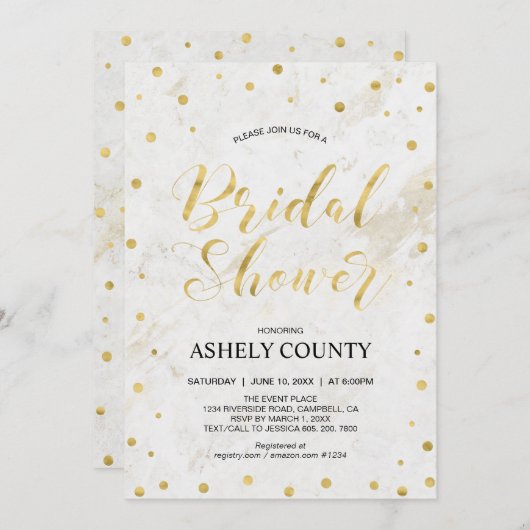 Marmor & Polka dot | Modernes Script-Brautparty Einladung (Vorne/Hinten)