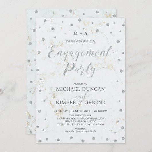Marmor & Polka dot | Silver Engagement Party Einladung (Vorne/Hinten)