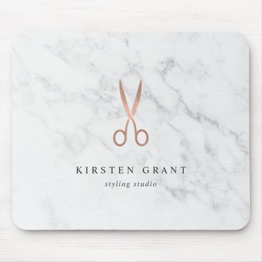 Marmor & Rose Gold Scissors Haarsalon Logo Mousepad (Vorne)