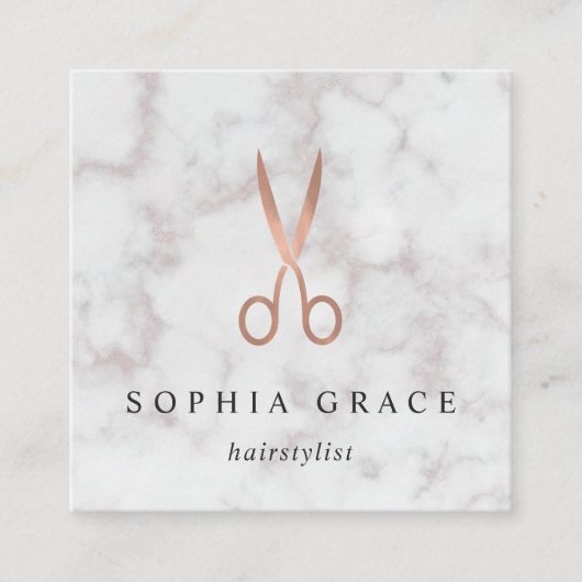 Marmor & Rose Gold Scissors Logo-Haarstylle Quadratische Visitenkarte (Vorderseite)