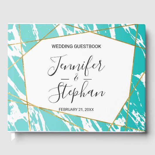 Marmor Seafoam Aquamarin Gold Geometric Wedding Gästebuch (Vorderseite)