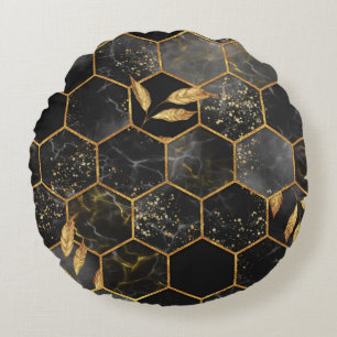 Marmor-Sechseck, Textur mit goldenen Blättern. Rundes Kissen