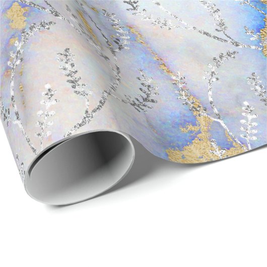 Marmor Silver Gray Blue Ocean Floral Foils Laurel Geschenkpapier (Rolleneckpunkt)