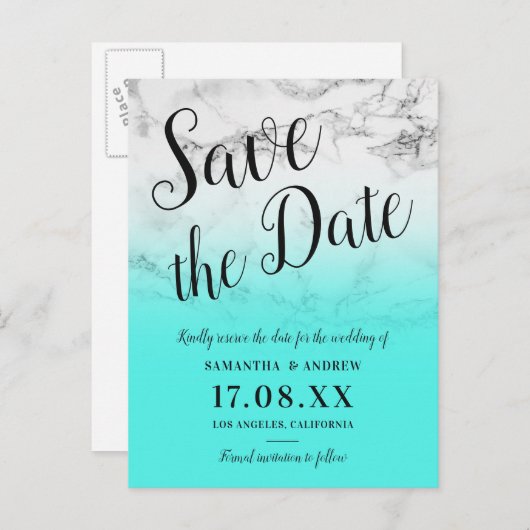 Marmor türkis ombre Hochzeit speichern Sie das Dat Ankündigungspostkarte (Vorne/Hinten)