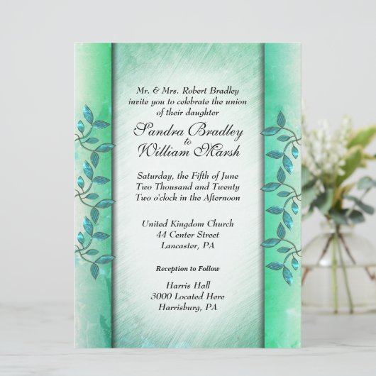 Marmor und grüne Hochzeitsfeier Einladung (Stehend Vorderseite)