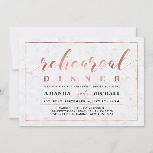 Marmor und Kupfer | Modernes Hochzeitessen Probe Einladung (Vorderseite)