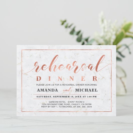 Marmor und Kupfer | Modernes Hochzeitessen Probe Einladung (Stehend Vorderseite)