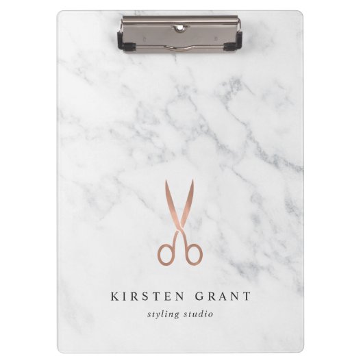 Marmor- und Rose-Gold-Scheren-Salon-Logo Klemmbrett (Vorderseite)