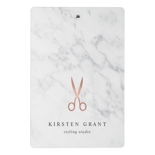 Marmor- und Rose-Gold-Scheren-Salon-Logo Mini Klemmbrett (Rückseite)