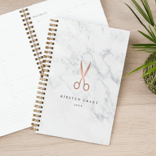 Marmor- und Rose-Gold-Scheren-Salon-Logo Planer