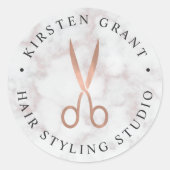 Marmor- und Rose-Gold-Scheren-Salon-Logo Runder Aufkleber (Vorderseite)