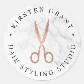 Marmor- und Rose-Gold-Scheren-Salon-Logo Runder Aufkleber (Vorderseite)