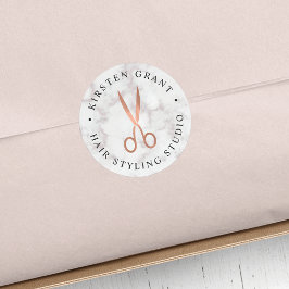 Marmor- und Rose-Gold-Scheren-Salon-Logo Runder Aufkleber