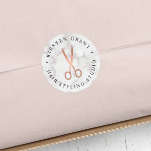 Marmor- und Rose-Gold-Scheren-Salon-Logo Runder Aufkleber