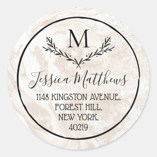 Marmor & Wreath Custom Monogram Rücksendeadresse Runder Aufkleber (Vorderseite)