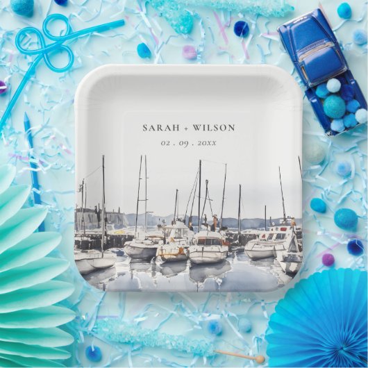 Marmorboote an der Küste bei Hochzeit im Hafen Sea Pappteller (Party)