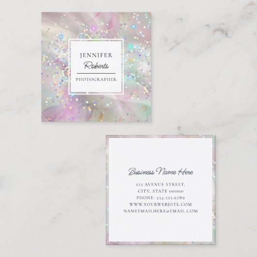 Marmorfarbener Alkoholtink Holografischer Glitzer Quadratische Visitenkarte (Vorne/Hinten)