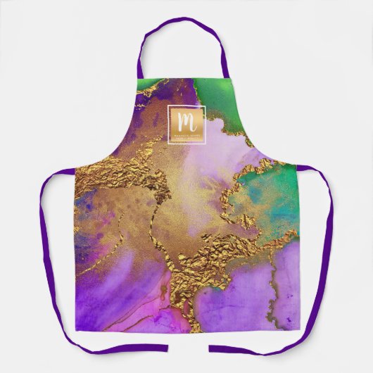 Marmorgold lila grünes Salon Monogramm Schürze (Vorderseite)