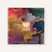 Marmorgoldfarben, lila-blaues Monogramm-Quadrat Notizblock (Vorderseite)