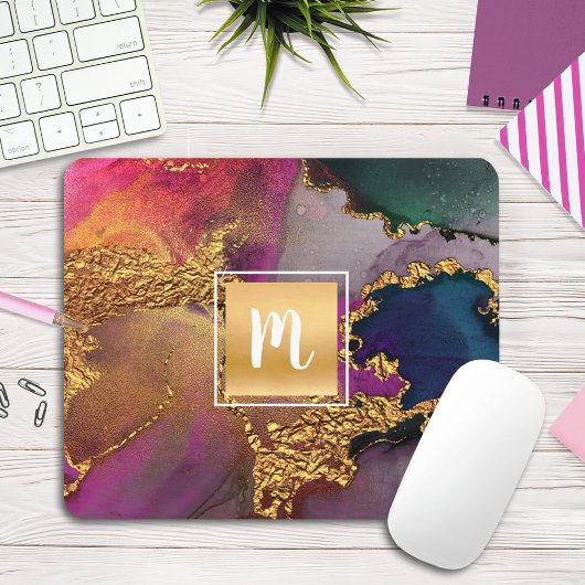 Marmorgoldfarben, lila blaugrün, Monogramm Mousepad