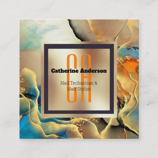 Marmorgoldfarben, Orange, Monogramm Quadratische Visitenkarte (Vorderseite)