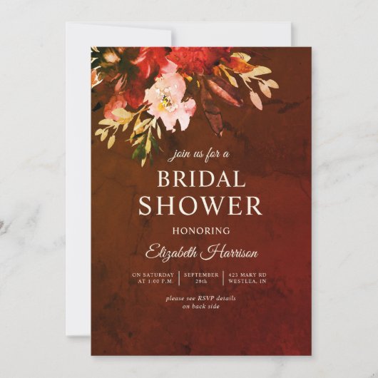Marmorherbst Brown Fall Floral Brautparty Einladung (Vorderseite)
