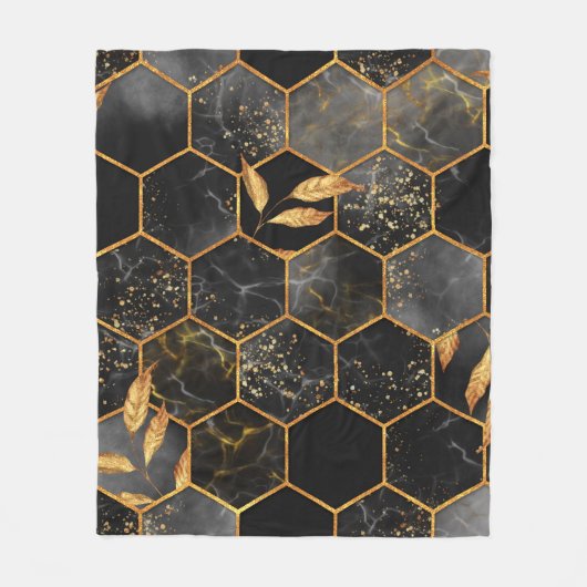 Marmorhexagon nahtlose Textur mit goldenen Blätter Fleecedecke (Vorderseite)