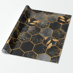 Marmorhexagon nahtlose Textur mit goldenen Blätter Geschenkpapier