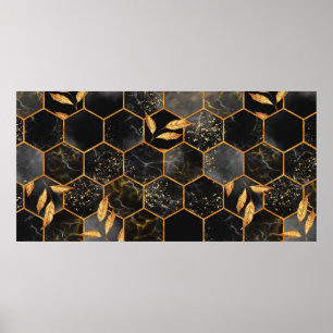 Marmorhexagon nahtlose Textur mit goldenen Blätter Poster