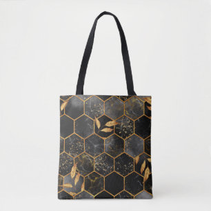 Marmorhexagon nahtlose Textur mit goldenen Blätter Tasche