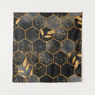 Marmorhexagon nahtlose Textur mit goldenen Blätter Wandteppich