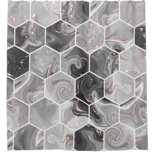 Marmorhexagon nahtlose Textur mit Goldmuster Duschvorhang (Vorderseite)