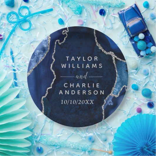 Marmorhochzeit in Navy Blue und Silver Agate Pappteller (Party)