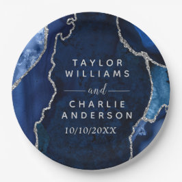 Marmorhochzeit in Navy Blue und Silver Agate Pappteller