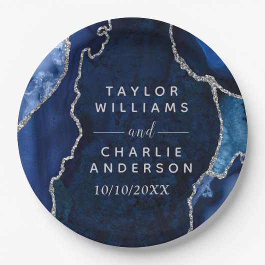 Marmorhochzeit in Navy Blue und Silver Agate Pappteller (Vorderseite)