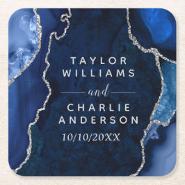 Marmorhochzeit in Navy Blue und Silver Agate Rechteckiger Pappuntersetzer