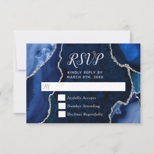 Marmorhochzeit in Navy Blue und Silver Agate RSVP Karte (Vorderseite)