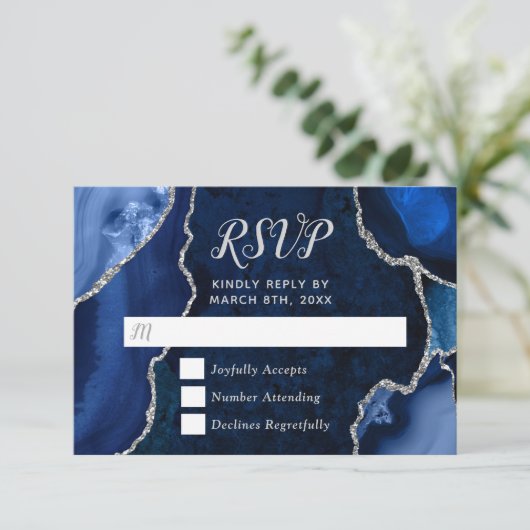 Marmorhochzeit in Navy Blue und Silver Agate RSVP Karte (Stehend Vorderseite)