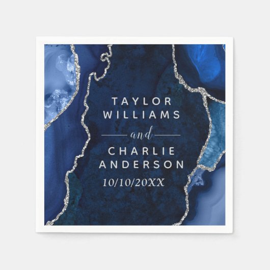 Marmorhochzeit in Navy Blue und Silver Agate Serviette (Vorderseite)