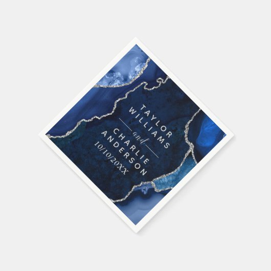 Marmorhochzeit in Navy Blue und Silver Agate Serviette (Ecke)