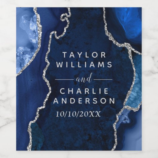 Marmorhochzeit in Navy Blue und Silver Agate Weinetikett (Einzelnes Label)