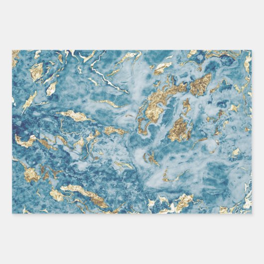 Marmorierte Wirbel Blue Gold Geschenkpapier Set (Vorderseite 3)