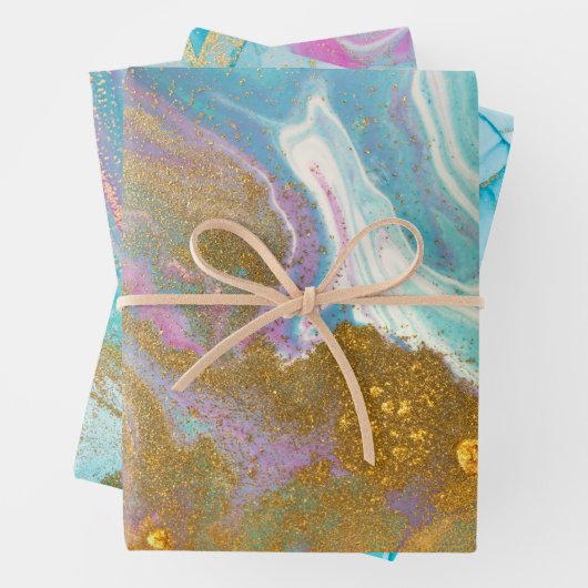 Marmorierte Wirbel Pink Aqua Blue Gold Glitzer Sti Geschenkpapier Set (Beispiel)